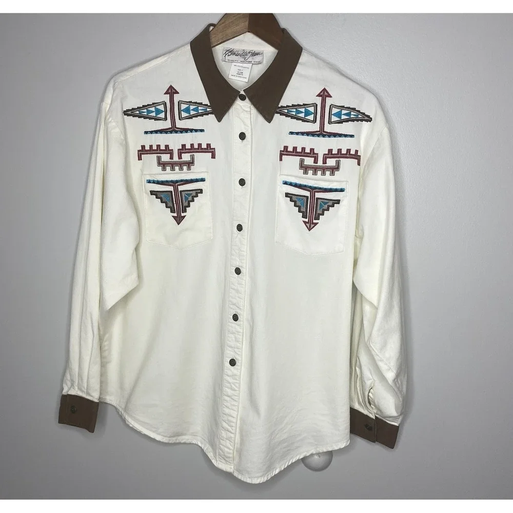 Vintage Panhandle Slim Western Shirt Women Large Cotton‎ Embroidered Aztec